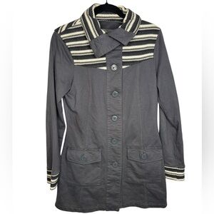 Prana Rowen Gray Woven Striped Button Front Fleece Longline Trench Jacket